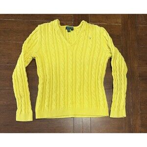 Lauren By Ralph Lauren Yellow V-neck Cable Knit Sweater Women’s Size XL